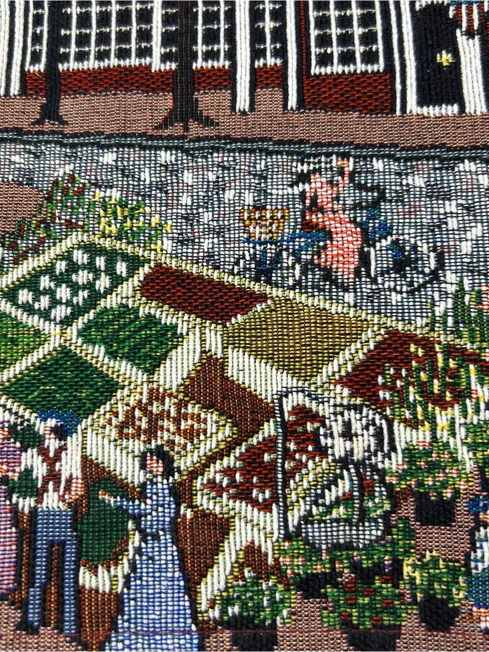Colonial America Town Scene Tapestry Table Runner Town Common Folk Art 72” x 13”